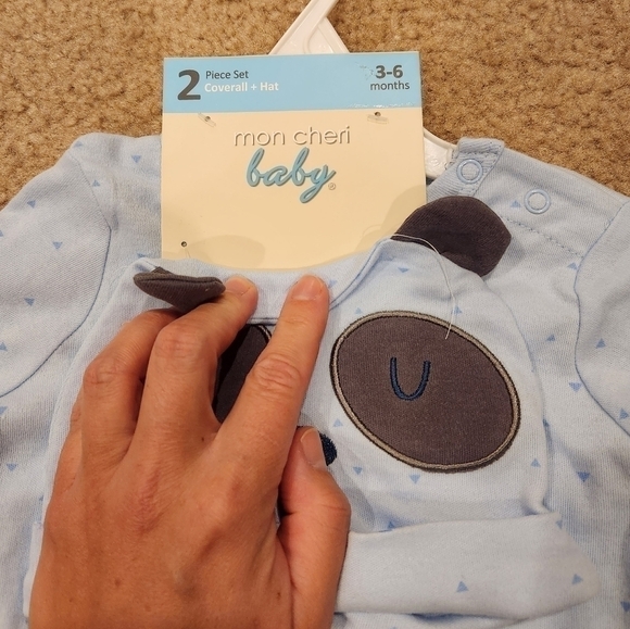 nwt Mon Cheri Baby 2 Piece Blue Coverall & Hat Set, size 3-6 months - Picture 4 of 8